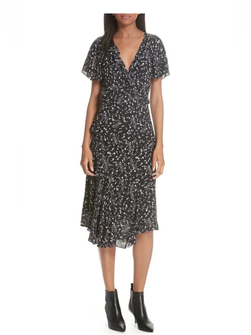Joie 169790 Women's Orita Ruffled Floral Midi Black Dress Size 6  V-Neck